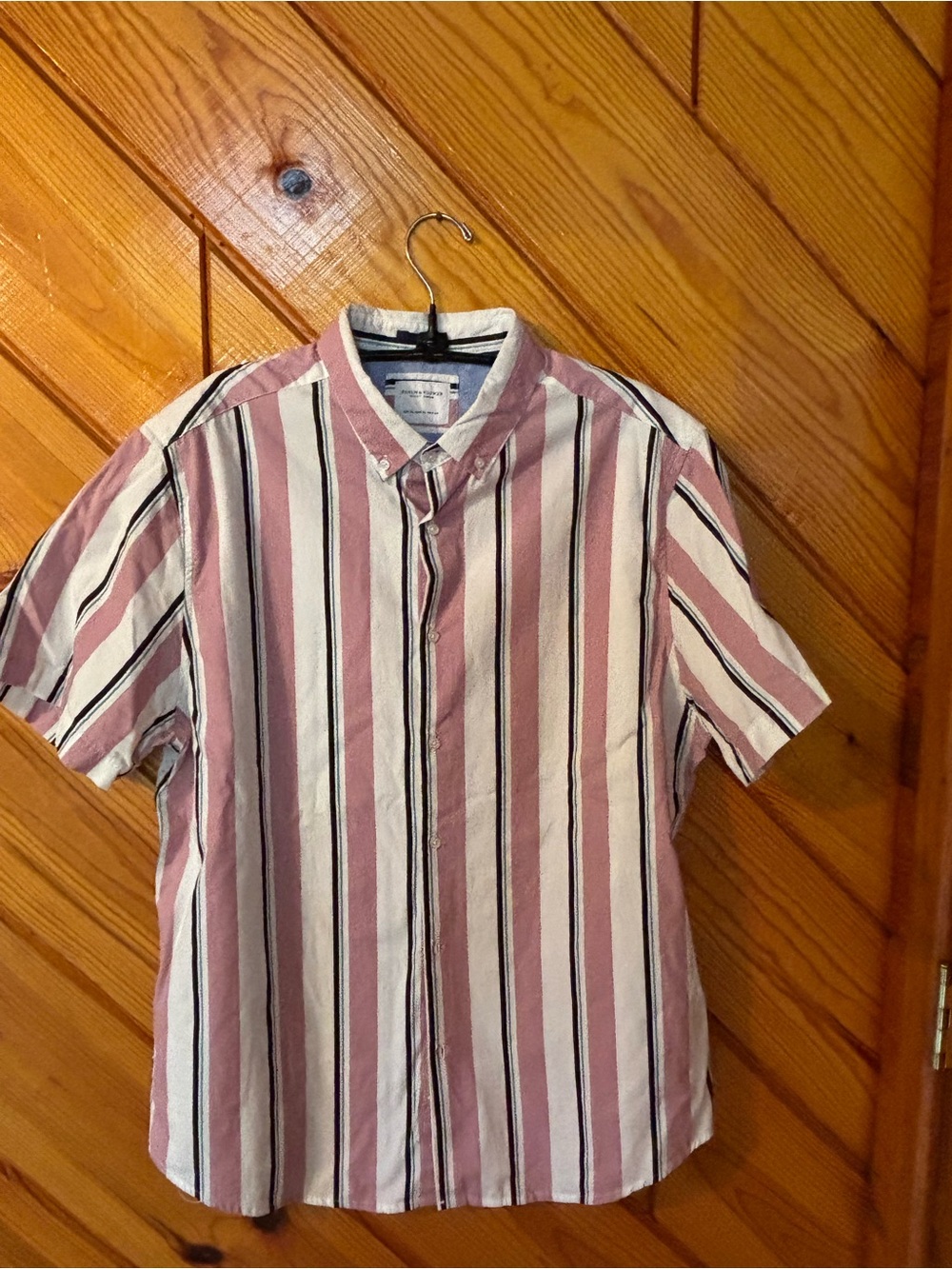 Denim & Flower Pink and Cream Vertical Stripe Short-Sleeve Button-Up